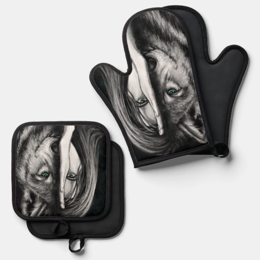 Wolf Woman Oven Mitt & Pot Holder Set (Vorderseite/Rückseite)