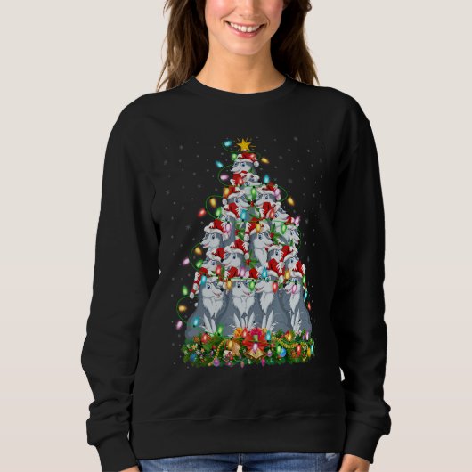 Wolf   Xmas Lights Santa Wolf Christmas Tree Sweatshirt (Vorderseite)