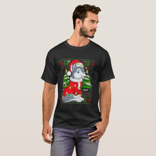 Wolf Xmas Sweater Style Ugly Santa Wolf Weihnachte T-Shirt (Vorne ganz)