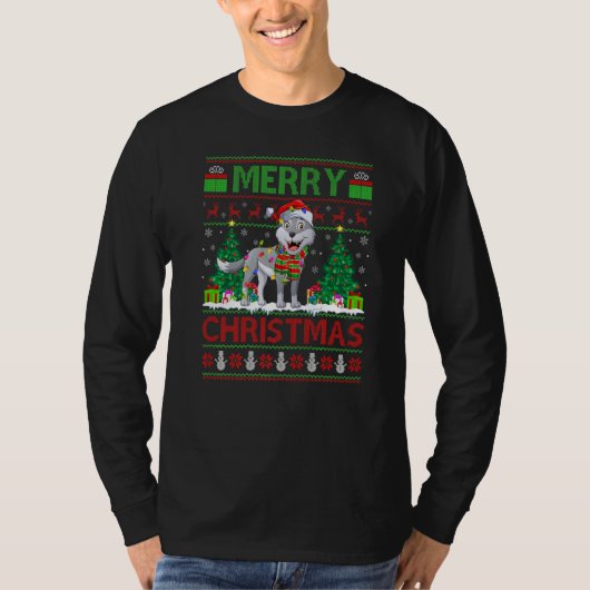 Wolf  Xmas Tree Lights Ugly Santa Wolf Christmas T-Shirt (Vorderseite)