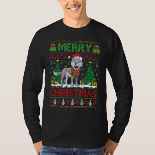 Wolf Xmas Tree Lights Ugly Santa Wolf Christmas T-Shirt (Vorderseite)