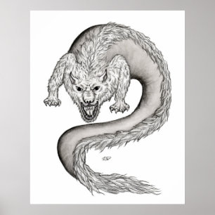 Wolfdrachen Schwarz-Weiß-Design Poster
