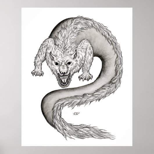 Wolfdrachen Schwarz-Weiß-Design Poster (Vorne)