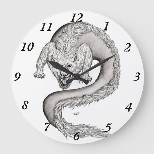Wolfdragon Schwarzweiß-Design Große Wanduhr (Vorderseite)