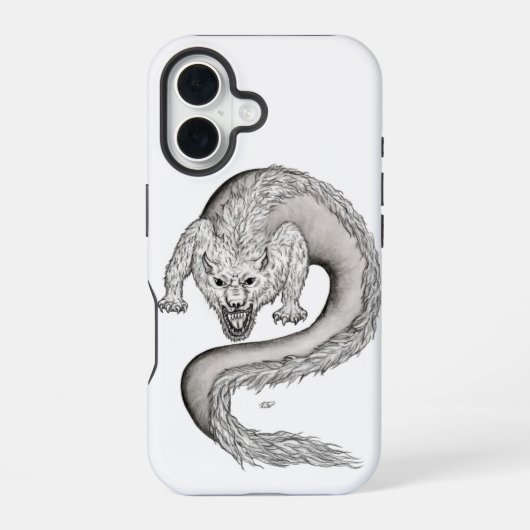 Wolfdragon Schwarzweiß-Design iPhone 16 Hülle (Rückseite)
