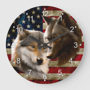 Wölfe amerikanische Flagge Große Wanduhr