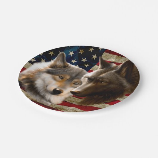 Wölfe amerikanische Flagge Pappteller (Schrägansicht)