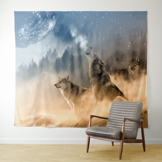 Wölfe heulen am Mond / Schöne Wölfe Wandteppich (Beispiel (Horizontal))