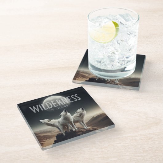 Wölfe Howling bei Vollmond Wilderness ruft Glasuntersetzer (Schrägansicht)