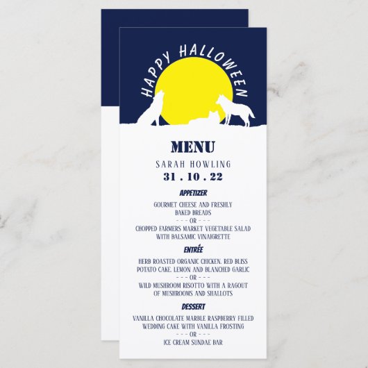 Wölfe im Mondlicht, glückliches Halloween Menükarte (Vorne/Hinten)