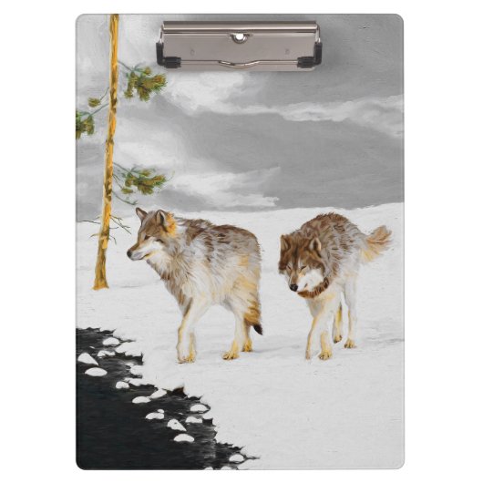 Wölfe im Schnee Gemälde - Originale Wildtierkunst Klemmbrett (Vorderseite)