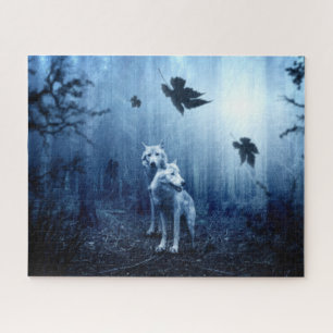 Wölfe im Wald bei Morgendämmerung Puzzle