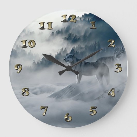 Wölfe in der schneebedeckten Winterlandschaft Große Wanduhr (Vorderseite)
