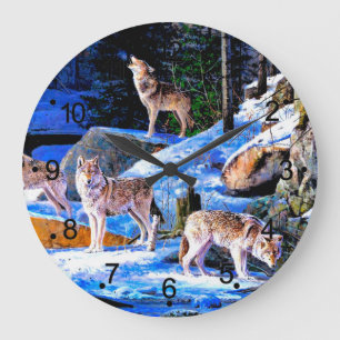 Wölfe in der Schneebemalung Große Wanduhr