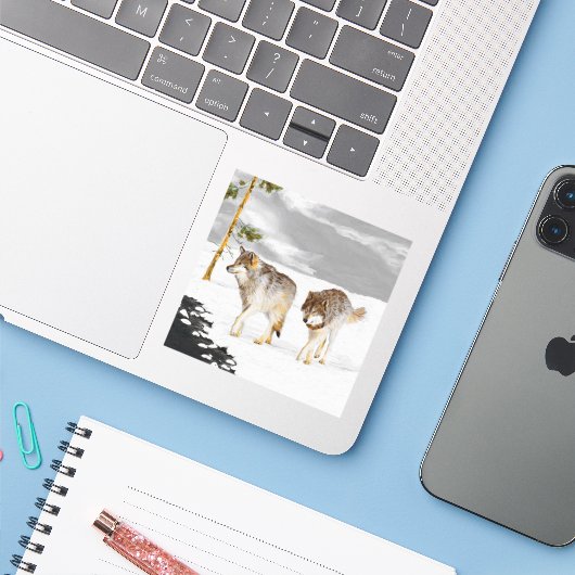 Wölfe in der Schneemalerei - Original Wildlife Art Aufkleber (Laptop mit iPhone)