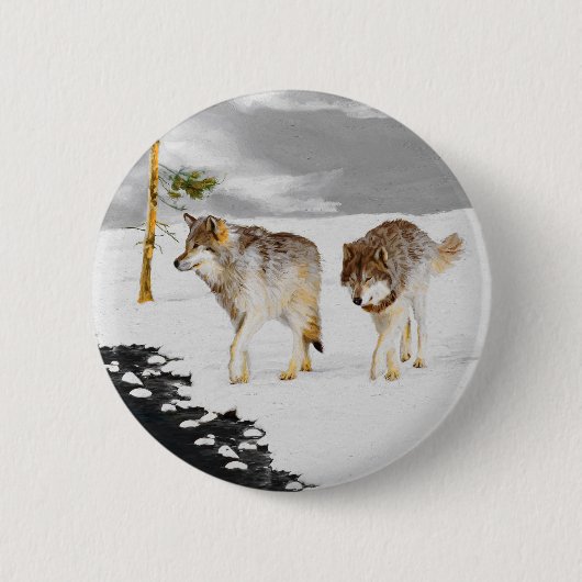 Wölfe in der Schneemalerei - Original Wildlife Art Button (Vorderseite)