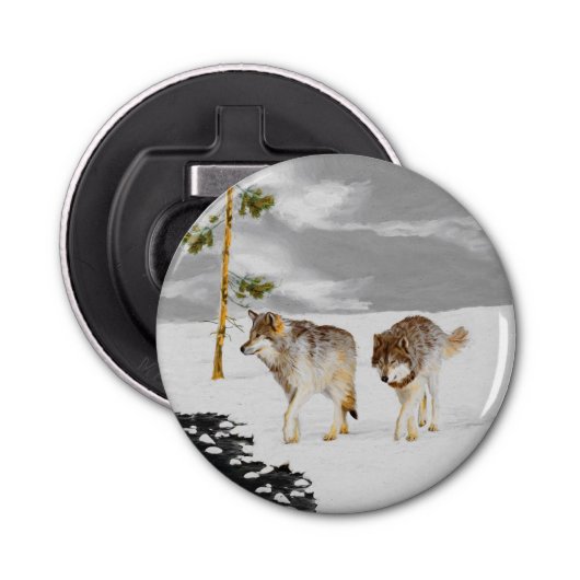 Wölfe in der Schneemalerei - Original Wildlife Art Flaschenöffner (Vorderseite)