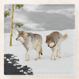 Wölfe in der Schneemalerei - Original Wildlife Art Glasuntersetzer