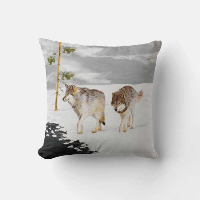 Wölfe in der Schneemalerei - Original Wildlife Art Kissen (Vorderseite)