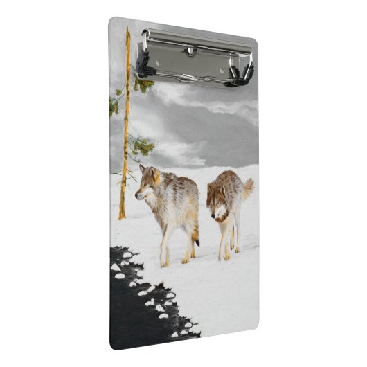Wölfe in der Schneemalerei - Original Wildlife Art Mini Klemmbrett (Schrägansicht)
