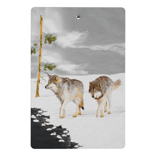 Wölfe in der Schneemalerei - Original Wildlife Art Mini Klemmbrett (Rückseite)