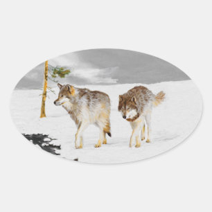 Wölfe in der Schneemalerei - Original Wildlife Art Ovaler Aufkleber