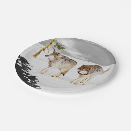 Wölfe in der Schneemalerei - Original Wildlife Art Pappteller (Schrägansicht)