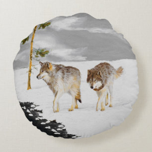 Wölfe in der Schneemalerei - Original Wildlife Art Rundes Kissen