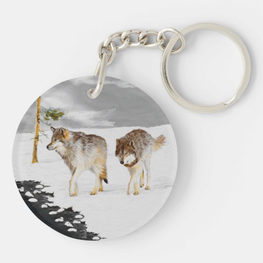 Wölfe in der Schneemalerei - Original Wildlife Art Schlüsselanhänger (Rückseite)