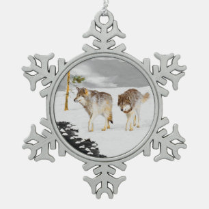 Wölfe in der Schneemalerei - Original Wildlife Art Schneeflocken Zinn-Ornament