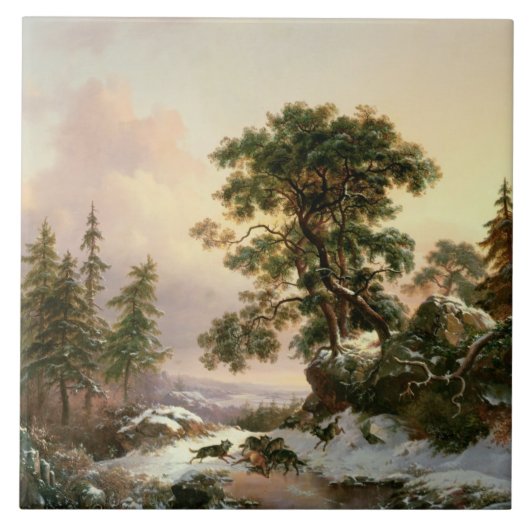 Wölfe in einer Winter-Landschaft (Öl auf Platte) Fliese (Vorderseite)
