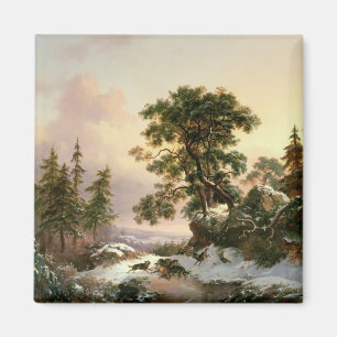 Wölfe in einer Winter-Landschaft (Öl auf Platte) Magnet
