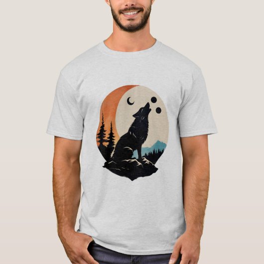 Wölfe oder Katzen Silhouette mit Mond-Grau-T-Shirt T-Shirt (Vorderseite)
