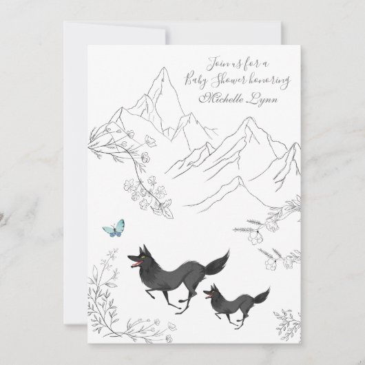 Wölfe und Butterfly Mountain Woodland Babydusche Einladung (Vorderseite)
