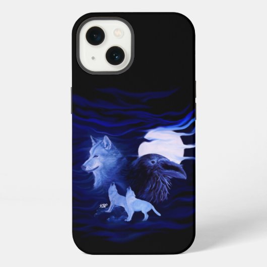 Wölfe und Rabe bei Vollmond iPhone Hülle (Rückseite)