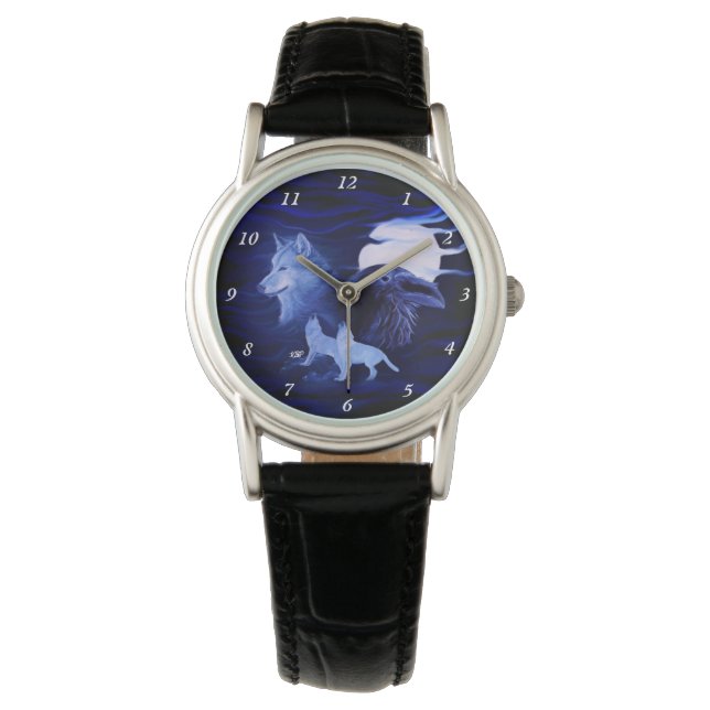 Wölfe und Raven mit Vollmond Armbanduhr (Vorderseite)
