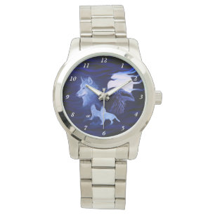 Wölfe und Raven mit Vollmond Armbanduhr