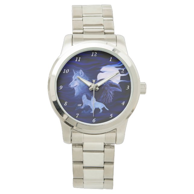 Wölfe und Raven mit Vollmond Armbanduhr (Vorderseite)