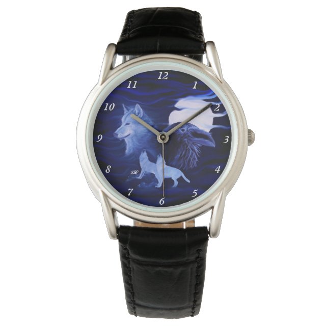 Wölfe und Raven mit Vollmond Armbanduhr (Vorderseite)