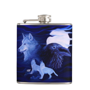 Wölfe und Raven mit Vollmond Flachmann