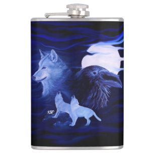 Wölfe und Raven mit Vollmond Flachmann