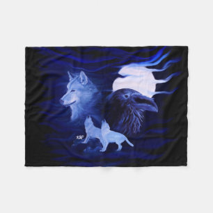 Wölfe und Raven mit Vollmond Fleecedecke