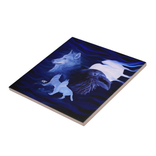 Wölfe und Raven mit Vollmond Fliese (Seite)