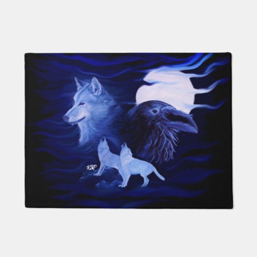 Wölfe und Raven mit Vollmond Fußmatte (Vorderseite)