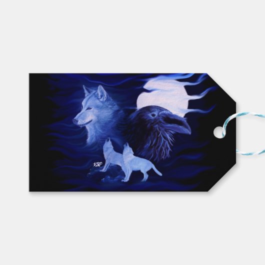 Wölfe und Raven mit Vollmond Geschenkanhänger (Vorderseite (Horizontal))