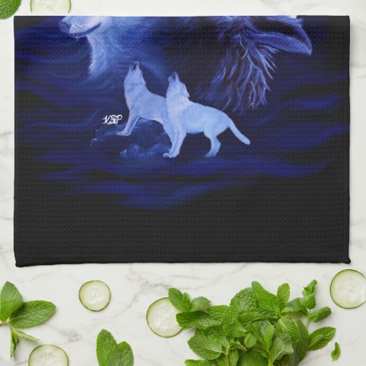 Wölfe und Raven mit Vollmond Geschirrtuch (Gefaltet)