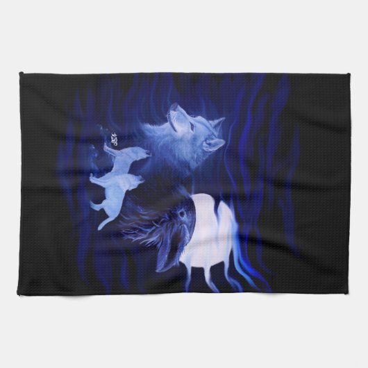 Wölfe und Raven mit Vollmond Geschirrtuch (Horizontal)