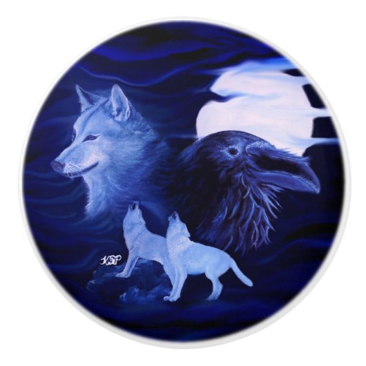 Wölfe und Raven mit Vollmond Keramikknauf (Vorderseite)