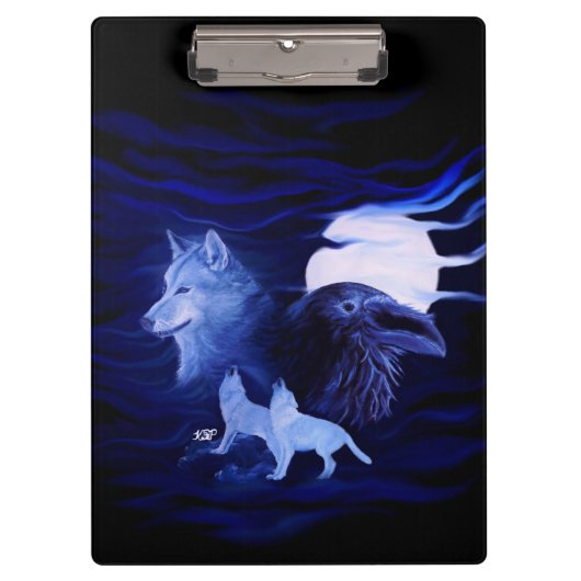 Wölfe und Raven mit Vollmond Klemmbrett (Vorderseite)