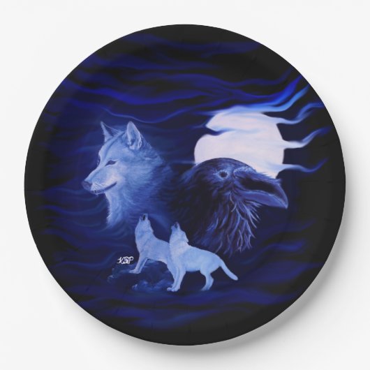 Wölfe und Raven mit Vollmond Pappteller (Vorderseite)